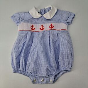 Edgehill Collection Smocked Anchor Bodysuit 3M Blue Check Peter Pan Collar